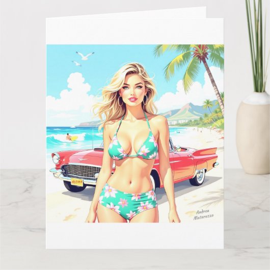 Girl am Strand mit einem klassischen Auto Karte (Vorderseite)