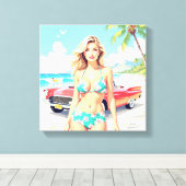 Girl am Strand mit einem klassischen Auto Leinwanddruck (Insitu (Holzboden))