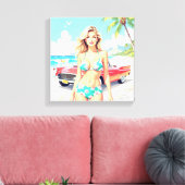 Girl am Strand mit einem klassischen Auto Leinwanddruck (Insitu (Wohnzimmer))