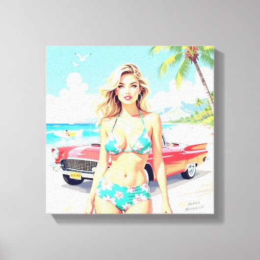 Girl am Strand mit einem klassischen Auto Leinwanddruck (Vorderseite)