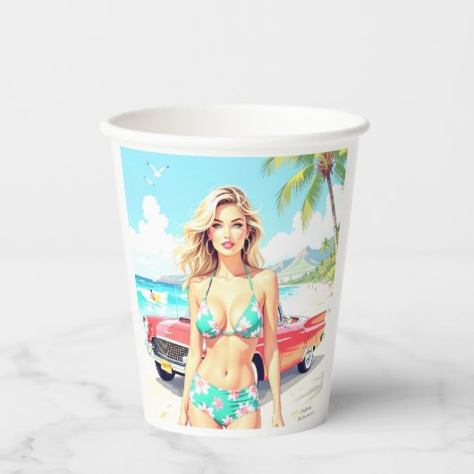 Girl am Strand mit einem klassischen Auto Pappbecher (Vorderseite)