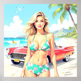 Girl am Strand mit einem klassischen Auto Poster