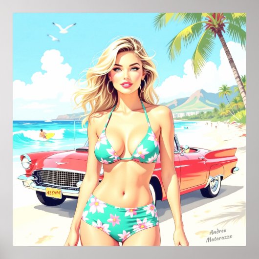 Girl am Strand mit einem klassischen Auto Poster (Vorne)