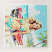 Girl am Strand mit einem klassischen Auto Puzzle (Horizontal)