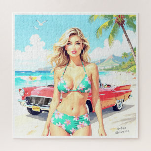 Girl am Strand mit einem klassischen Auto Puzzle