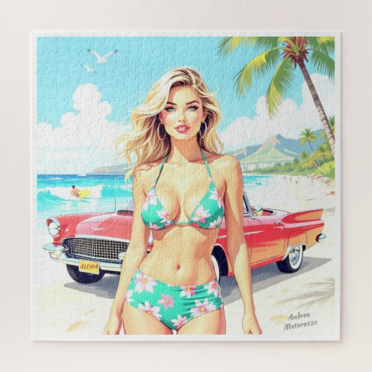 Girl am Strand mit einem klassischen Auto Puzzle (Vertikal)