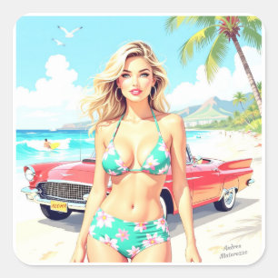 Girl am Strand mit einem klassischen Auto Quadratischer Aufkleber