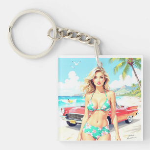 Girl am Strand mit einem klassischen Auto Schlüsselanhänger