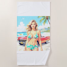 Girl am Strand mit einem klassischen Auto