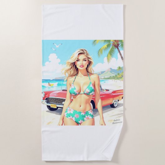 Girl am Strand mit einem klassischen Auto Strandtuch (Vorderseite)