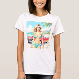 Girl am Strand mit einem klassischen Auto T-Shirt
