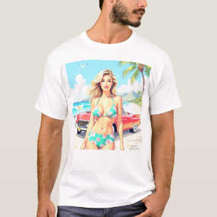 Girl am Strand mit einem klassischen Auto T-Shirt