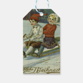 Girl and boy enjoy a sleigh ride illustration geschenkanhänger