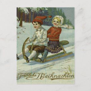 Girl and boy enjoy a sleigh ride illustration postkarte