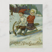 Girl and boy enjoy a sleigh ride illustration postkarte (Vorderseite)