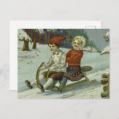Girl and boy enjoy a sleigh ride illustration postkarte (Vorne/Hinten)