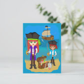 Girl and Boy Pirates with Ship on Beach Postcard Postkarte (Stehend Vorderseite)
