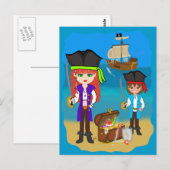 Girl and Boy Pirates with Ship on Beach Postcard Postkarte (Vorne/Hinten)