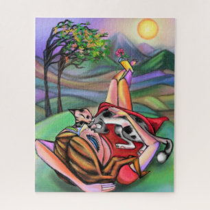 Girl and Cat In Nature Art Style Original Malerei Puzzle