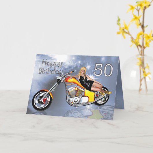 Girl and chopper 50 Birthday card Karte (Gelbe Blume)