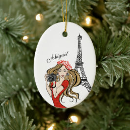 Girl and Eiffel Tower Black, Red Christmas Keramik Ornament