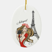 Girl and Eiffel Tower Black, Red Christmas Keramik Ornament (Vorne)