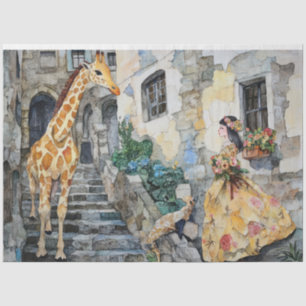 Girl and Giraffe Watercolor Collage 1 Seidenpapier