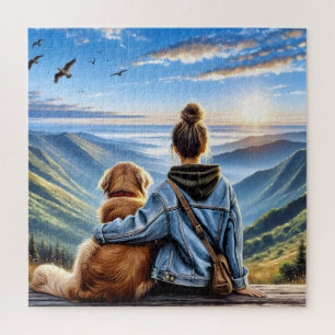 Girl and Golden Retriever auf dem Berggipfel Puzzle