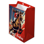 Girl and Horse Jumping Frohe Weihnachten Mittlere Geschenktüte (Vorderseite Schrägansicht)