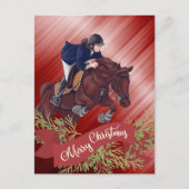 Girl and Horse Jumping Frohe Weihnachts Rot Postkarte (Vorderseite)