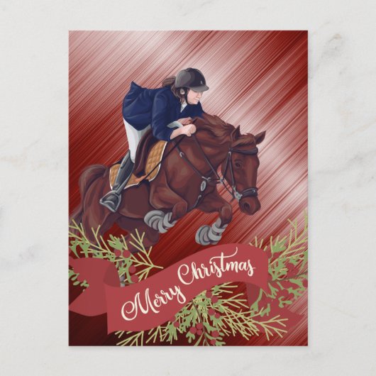 Girl and Horse Jumping Frohe Weihnachts Rot Postkarte (Vorderseite)