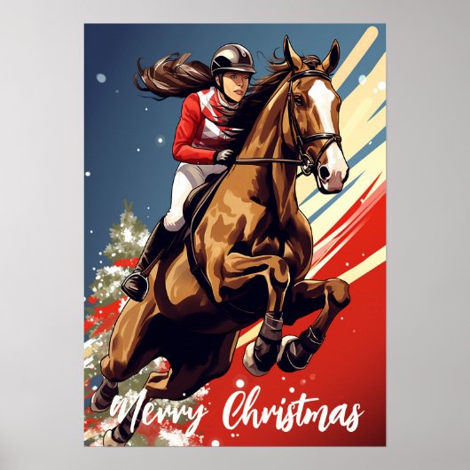 Girl and Horse Jumping Frohe Weihnachtsfeiertage Poster (Vorne)