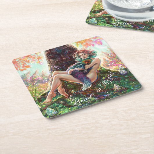 Girl and Magicfox Fantasy Wide Art Monogramm Rechteckiger Pappuntersetzer (angewinkelt)