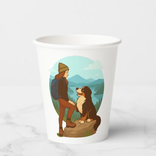 Girl and Mountain Dog Adventure Illustration Pappbecher (Vorderseite)