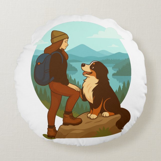 Girl and Mountain Dog Adventure Illustration Rundes Kissen (Vorderseite)