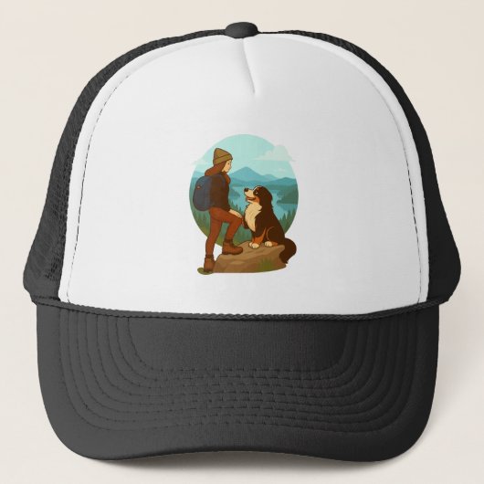 Girl and Mountain Dog Adventure Illustration Truckerkappe (Vorderseite)