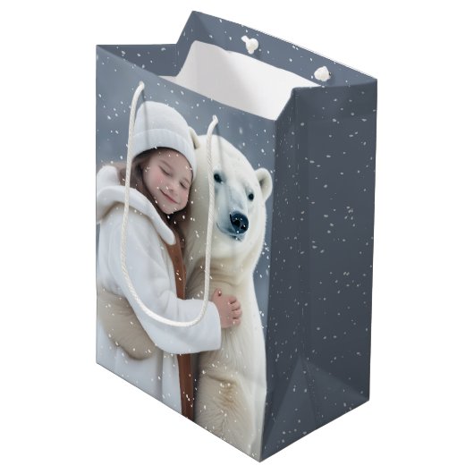 Girl and Polar Bear Hug Mittlere Geschenktüte (Vorderseite Schrägansicht)