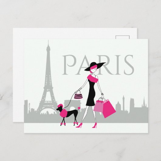Girl and Poodle in Paris mit Eiffelturm Postkarte (Vorne/Hinten)