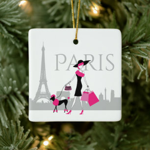 Girl and Poodle - Paris Eiffelturm Weihnachten Keramikornament