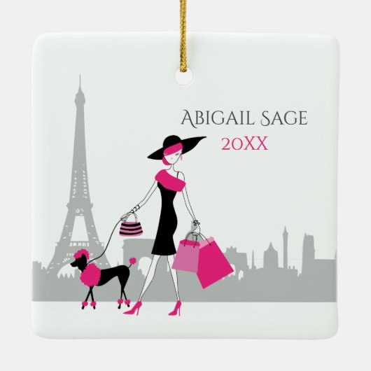 Girl and Poodle - Paris Eiffelturm Weihnachten Keramikornament (Rückseite)