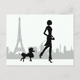 Girl and Poodle Paris Skyline Eiffel Tower Postkarte