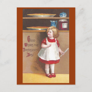 Girl and Pumpkin Pies Vintager Erntedank Feiertagspostkarte