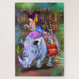 Girl and Rhino - Bibliothek im Dschungel - Fantasi Puzzle
