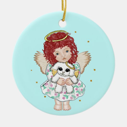 Girl Angel Holding Dog Keramikornament (Vorne)