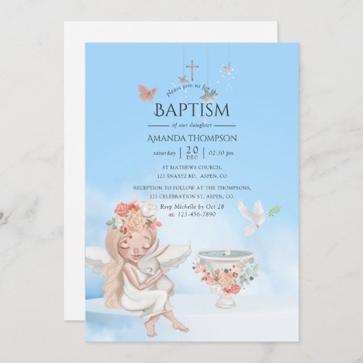Girl Angel Taufe Foto Einladung (Vorne/Hinten)