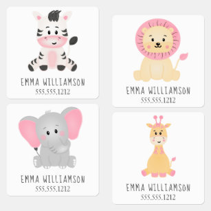Girl Animal Safari Pink Personalisiert Kinderetiketten