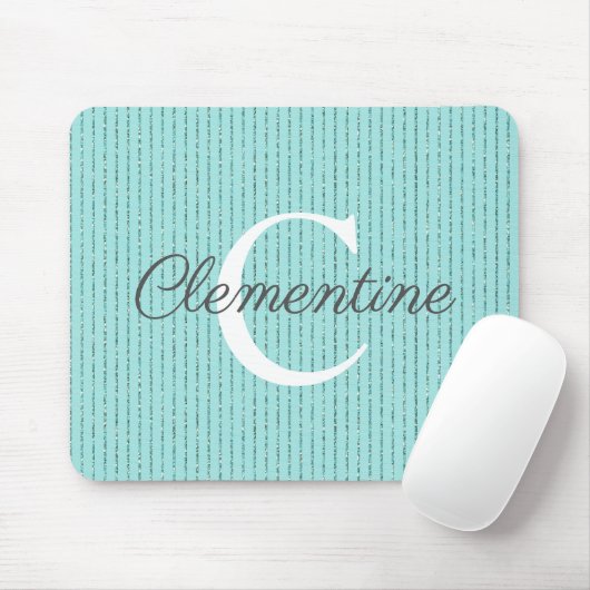 Girl Aquamarin Blue Glitzer Streifen Monogramm Mousepad (Mit Mouse)