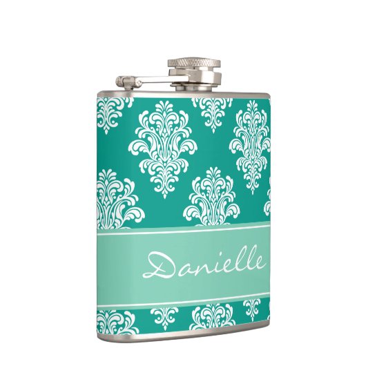 Girl Aquamarin Damask Monogram Flachmann (Rechts)
