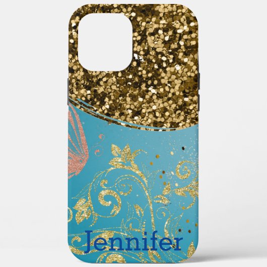 Girl Aquamarin Glitzer Gold Ombre Monogram Name Case-Mate iPhone Hülle (Rückseite)