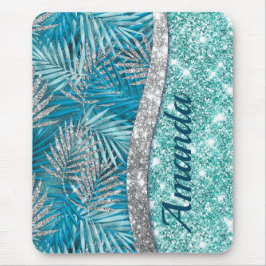Girl-aquamarin-grüner Glitzer Blätter monogramm Mousepad